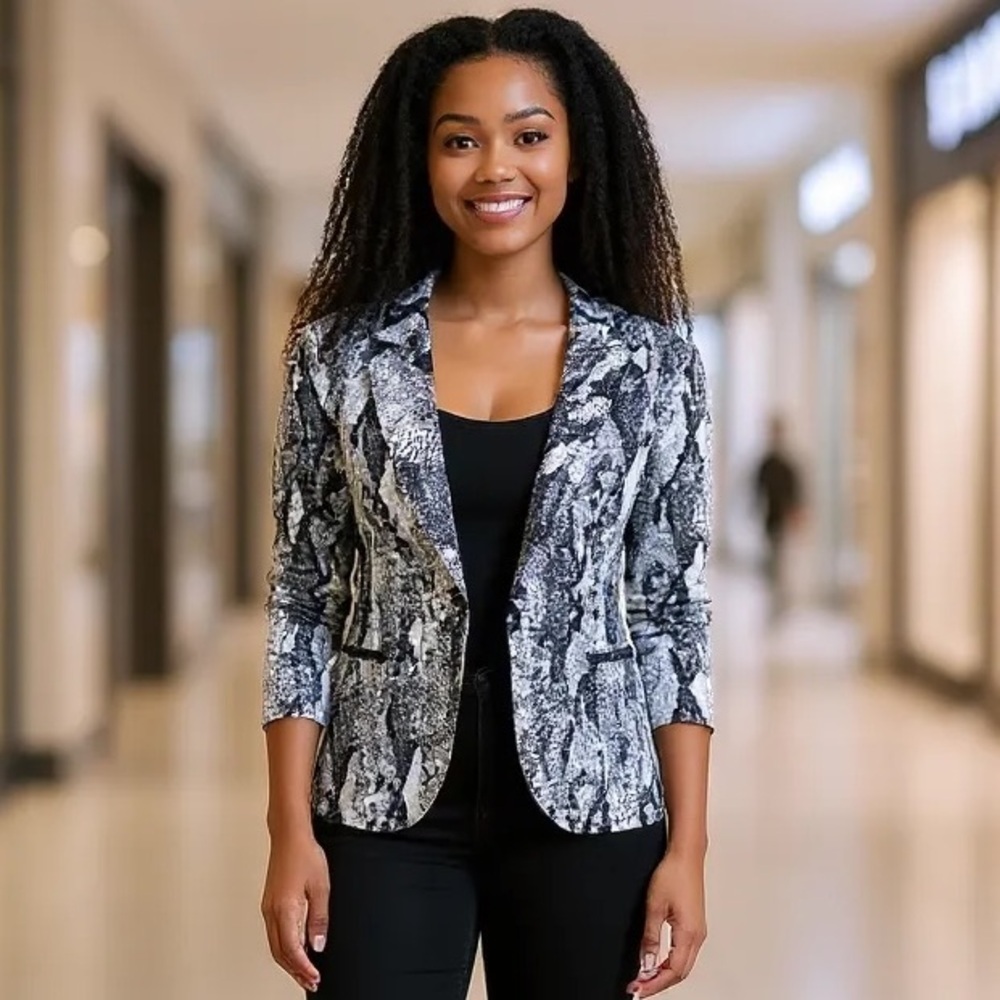 St John Black & White Snakeskin Python Print Cotton Blazer 0
